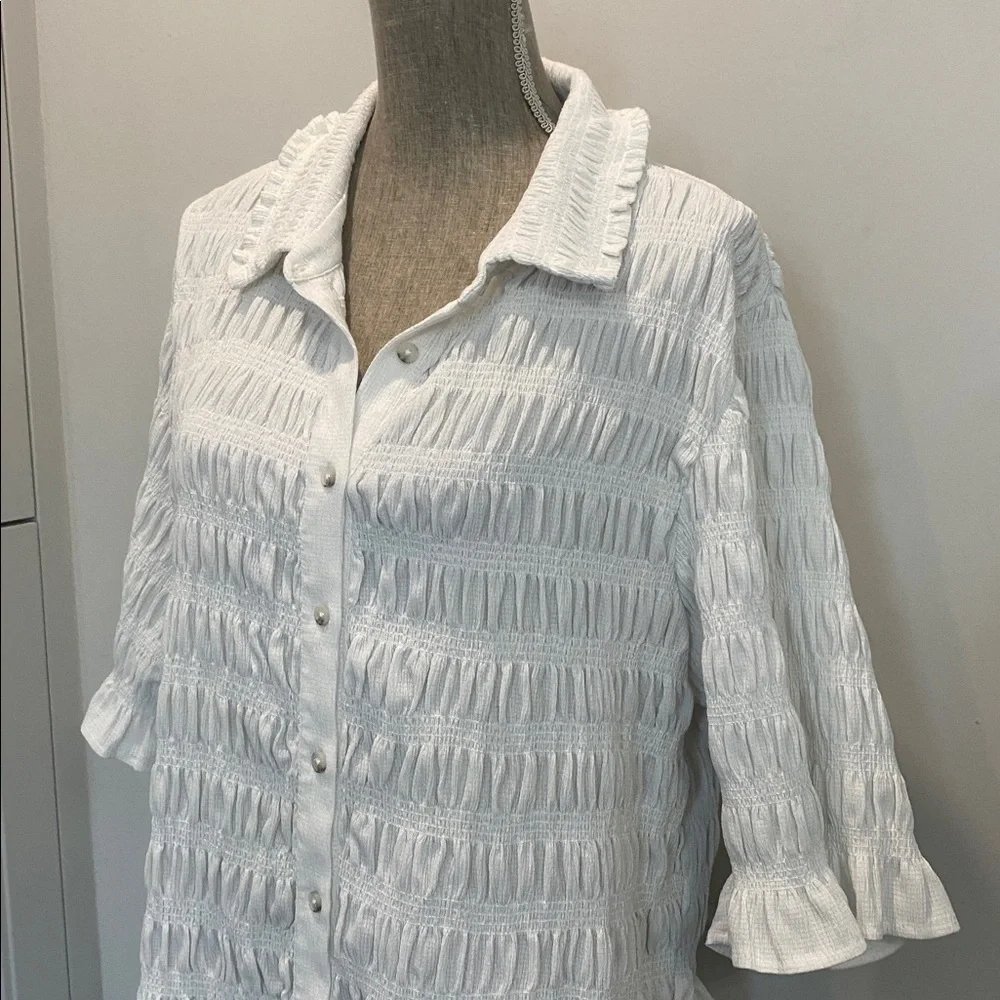 MAEVE Anthropologie Smocked Button Front Top Ivory Natural Cottagecore Chic 2X - Picture 8 of 16